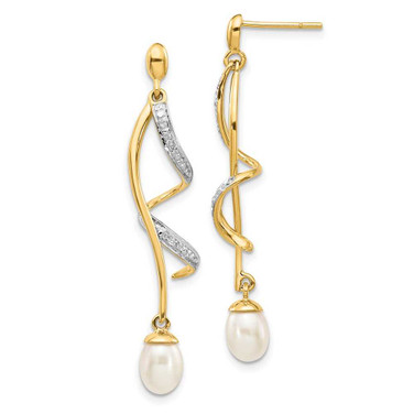 Image of 42mm 14K Yellow Gold 7x5mm White Teardrop Freshwater Cultured Pearl .01ctw Diamond Dangle Earrings XE2514AA
