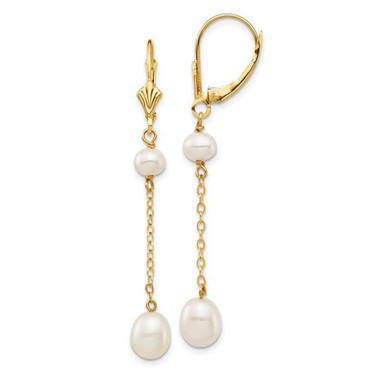 Image of 49.56mm 14K Yellow Gold 5-7mm White Rice Freshwater Cultured Pearl Leverback Earrings
