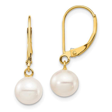 Image of 10k Yellow Gold 7-8mm White Round Freshwater Cultured Pearl Leverback Earrings