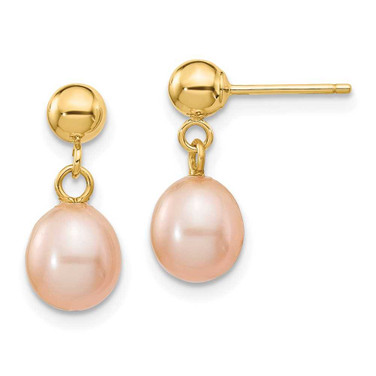 Image of 15mm 14K Yellow Gold 6-7mm Pink Rice Freshwater Cultured Pearl Dangle Post Earrings