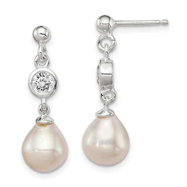 Image of 29mm Sterling Silver Polished Freshwater Cultured Pearl and CZ Post Dangle Earrings