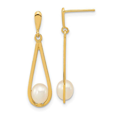 Image of 29mm 14K Yellow Gold 5-6mm White Rice Freshwater Cultured Pearl Dangle Post Earrings