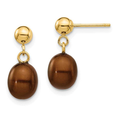 Image of 14mm 14K Yellow Gold 6-7mm Brown Rice Freshwater Cultured Pearl Dangle Post Earrings