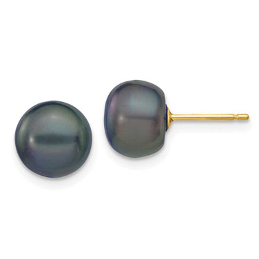 Image of 8-9mm 14K Yellow Gold 8-9mm Black Button Freshwater Cultured Pearl Stud Post Earrings