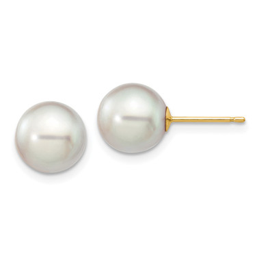 8-9mm 14K Yellow Gold 8-9mm Round Grey Saltwater Akoya Cultured Pearl Stud Post Earrings