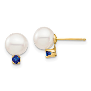 9.8mm 14K Yellow Gold 7-7.5mm White Round Freshwater Cultured Pearl Sapphire Post Earrings