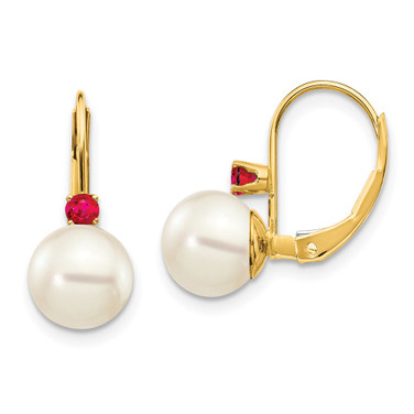 16mm 14K Yellow Gold 7-7.5mm White Round Freshwater Cultured Pearl Ruby Leverback Earrings