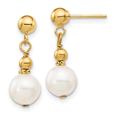 7-8mm 14K Yellow Gold 7-8mm White Semi-round Freshwater Cultured Pearl Dangle Post Earrings