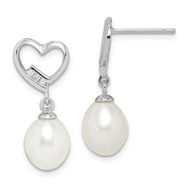 Image of 21.9mm Sterling Silver Rhodium-plated 7-8mm Rice Freshwater Cultured Pearl CZ Heart Earrings