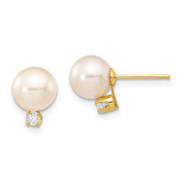 7-8mm 14K Yellow Gold 7-8mm White Round Freshwater Cultured Pearl .10ctw Diamond Post Earrings