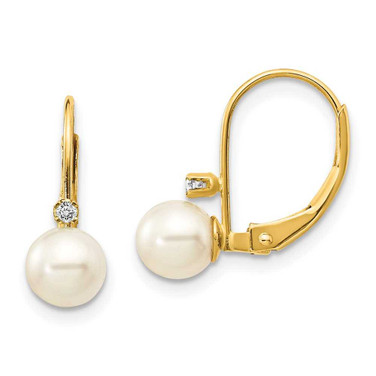 Image of 15mm 14K Yellow Gold 5-6mm White Round Freshwater Cultured Pearl AA Diamond Leverback Earrings