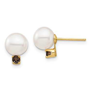 Image of 9.88mm 14K Yellow Gold 7-7.5mm White Round Freshwater Cultured Pearl Smokey Quartz Post Earrings