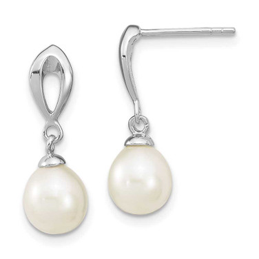 Image of 19mm Sterling Silver Rhodium-plated 7-8mm White Freshwater Cultured Pearl Post Dangle Earrings