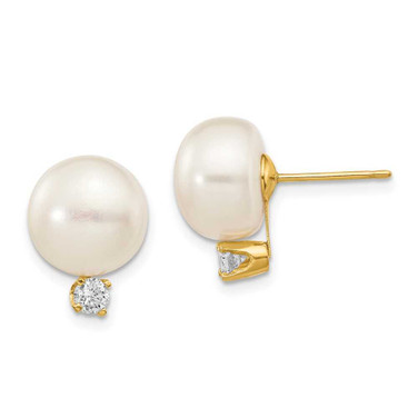 Image of 15mm 14K Yellow Gold 10-11mm White Button Freshwater Cultured Pearl .2ctw Diamond Post Earrings