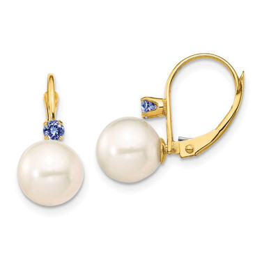 Image of 19.79mm 14K Yellow Gold 8-8.5mm White Round Freshwater Cultured Pearl Tanzanite Leverback Earrings