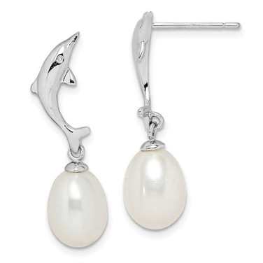 Image of 27.3mm Sterling Silver Rhodium-plated 7-8mm White Rice Freshwater Cultured Pearl Dolphin Earrings
