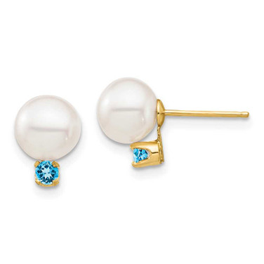 Image of 9.8mm 14K Yellow Gold 7-7.5mm White Round Freshwater Cultured Pearl Swiss Blue Topaz Post Earrings