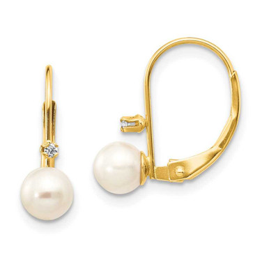 Image of 19mm 14K Yellow Gold 5-6mm Round White Freshwater Cultured Pearl .02 ctw Diamond Leverback Earrings