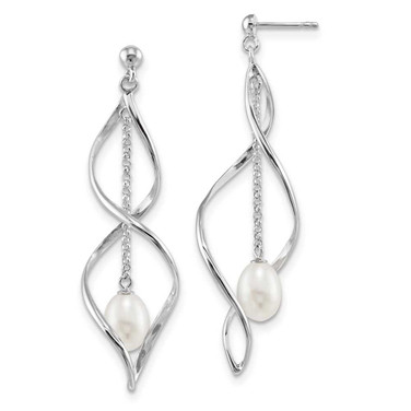 Image of 63.5mm Sterling Silver Rhodium-plated 7-8mm White Rice Freshwater Cultured Pearl Post Dangle Earrings