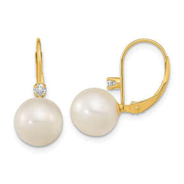 Image of 21.4mm 14K Yellow Gold 9-9.5mm White Round Freshwater Cultured Pearl .10ctw Diamond Leverback Earrings
