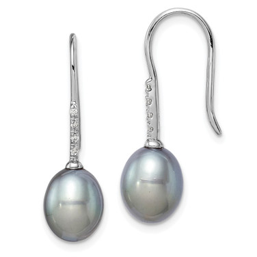 26.33mm Sterling Silver Rhodium-plated Polished 7-8mm Grey Freshwater Cultured Pearl & CZ Dangle Earrings