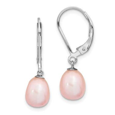 Image of 27.65mm Sterling Silver Rhodium-plated Polished Pink 7-8mm Freshwater Cultured Pearl Leverback Dangle Earrings