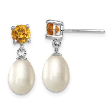 Image of 20mm Sterling Silver Rhodium-plated Citrine and 7-8mm Freshwater Cultured Pearl Teardrop Dangle Post Earrings
