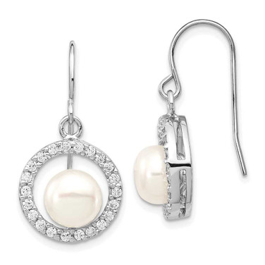 Image of 28mm Sterling Silver Rhodium-plated Clear CZ Circle and 7-8mm White Freshwater Cultured Pearl Dangle Earrings