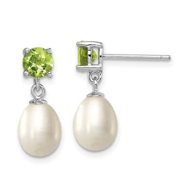 Image of 20mm Sterling Silver Rhodium-plated Peridot and 7-8mm Freshwater Cultured Pearl Teardrop Dangle Post Earrings