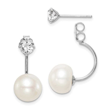 Image of 21.2mm Sterling Silver Rhodium-plated Polished White 9-10mm Freshwater Cultured Pearl & CZ Front & Back Post Dangle Earrings