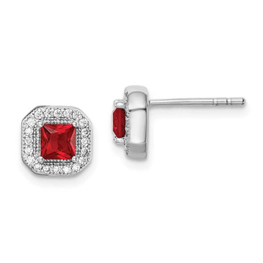 Image of 8.17mm Sterling Silver Rhodium-plated Square Red CZ and Clear CZ Post Earrings QE14470JUL