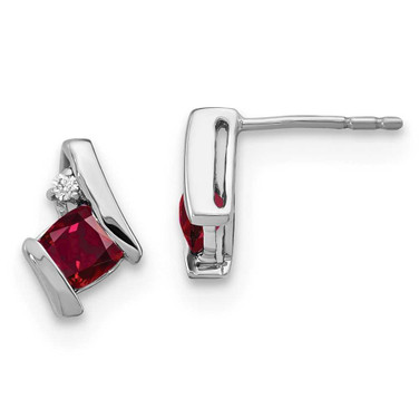 Image of 10mm 14K White Gold Cushion Created Ruby and Diamond Earrings
