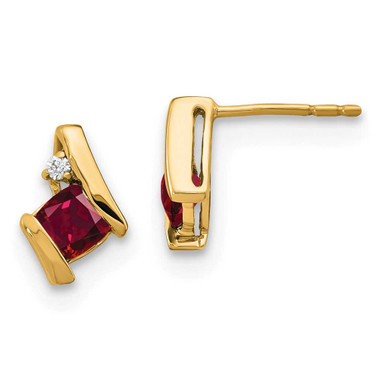 Image of 10k Yellow Gold Cushion Created Ruby and Diamond Earrings