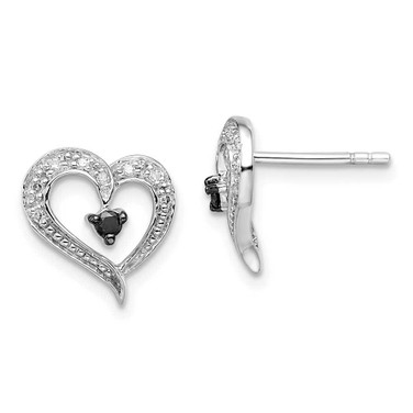 Image of 11mm White Night Sterling Silver Rhodium-plated Black and White Diamond Heart Post Earrings QE7872