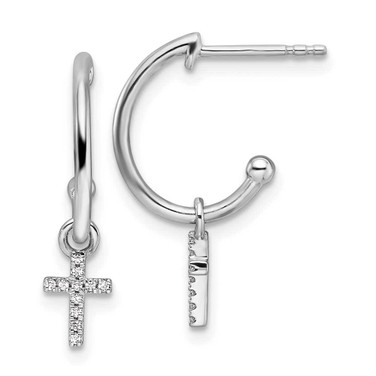 Image of 20mm White Ice Sterling Silver Rhodium-plated Diamond Cross Dangle J-Hoop Post Earrings