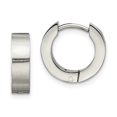 10mm Chisel Stainless Steel Brushed and Polished Round 4mm Hinged Hoop Earrings