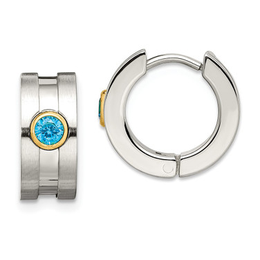 10mm Chisel Stainless Steel Brushed and Polished Yellow IP-plated with Blue CZ Hinged Hoop Earrings