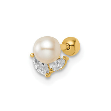 14K Yellow Gold 18 Gauge CZ & Freshwater Cultured Pearl Labret Stud