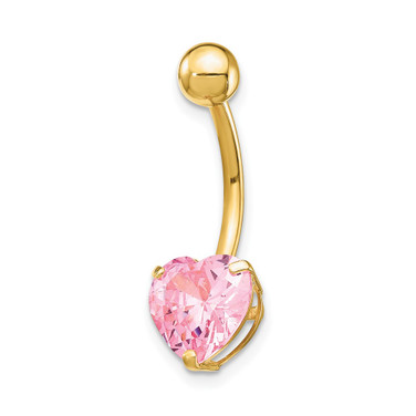 10k Yellow Gold W/8Mm Pink Cz Heart Belly Dangle