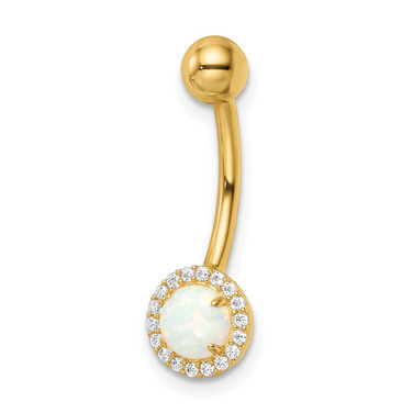 14K Yellow Gold 14 Gauge Created Opal and CZ Belly Ring