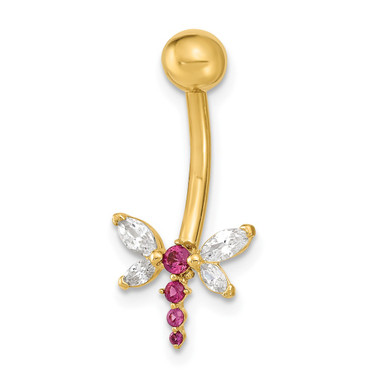 14K Yellow Gold 14 Gauge Dragonfly CZ Belly/Navel Ring Body Jewelry