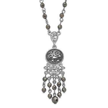 1928 Jewelry Silver-tone and Black-plated Filigree Clear and Hematite Faceted Acrylic Beads 16 inch Necklace with 3 inch extension