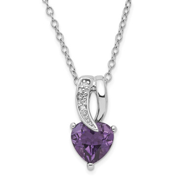 Sterling Silver Polished Amethyst & Diamond Heart Necklace