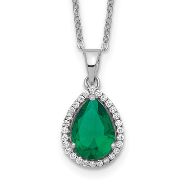 Sterling Silver Rhodium-plated Simulated Emerald & CZ Necklace