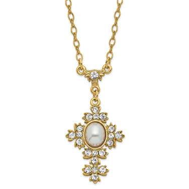 Gold-tone 16+3in ext Acrylic Pearl and Crystal Cross Necklace