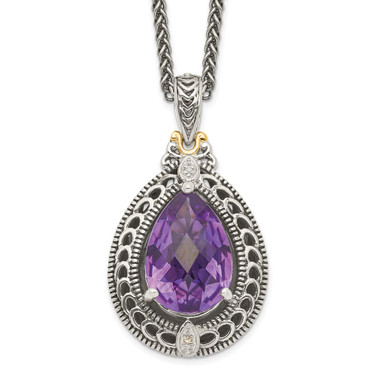 Shey Couture Sterling Silver with 14K Accent 18 Inch Antiqued Diamond and Pear Shaped Amethyst Necklace