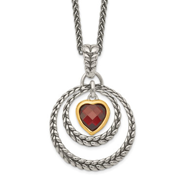 Shey Couture Sterling Silver Gold-tone Flash Gold-plated 18 Inch Antiqued Checkerboard Garnet Heart Necklace