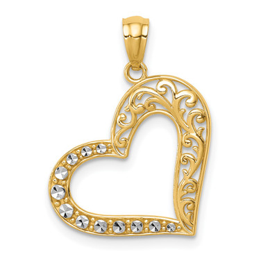 14K Yellow Gold and White Rhodium Polished Filigree Heart Pendant