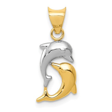 14K Yellow Gold w/Rhodium Polished And Diamond-cut Dolphins Pendant