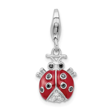 Image of Sterling Silver Rhodium-plated CZ 3-D Enameled Lady Bug Pendant